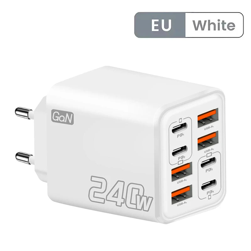 8 in 1 GaN USB C Desktop Charger 240W Fast Charge Phone Adapter Type C Cable For iPhone Samsung Xiaomi EU/US/UK Plug Charger