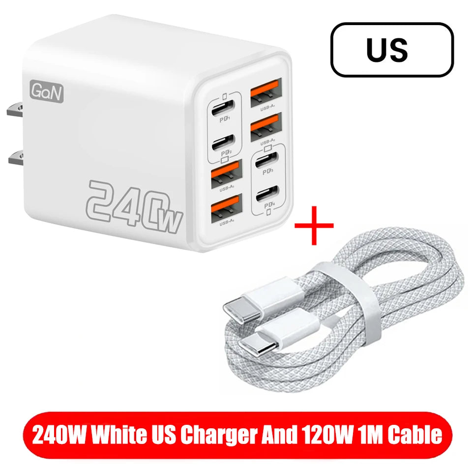8 in 1 GaN USB C Desktop Charger 240W Fast Charge Phone Adapter Type C Cable For iPhone Samsung Xiaomi EU/US/UK Plug Charger