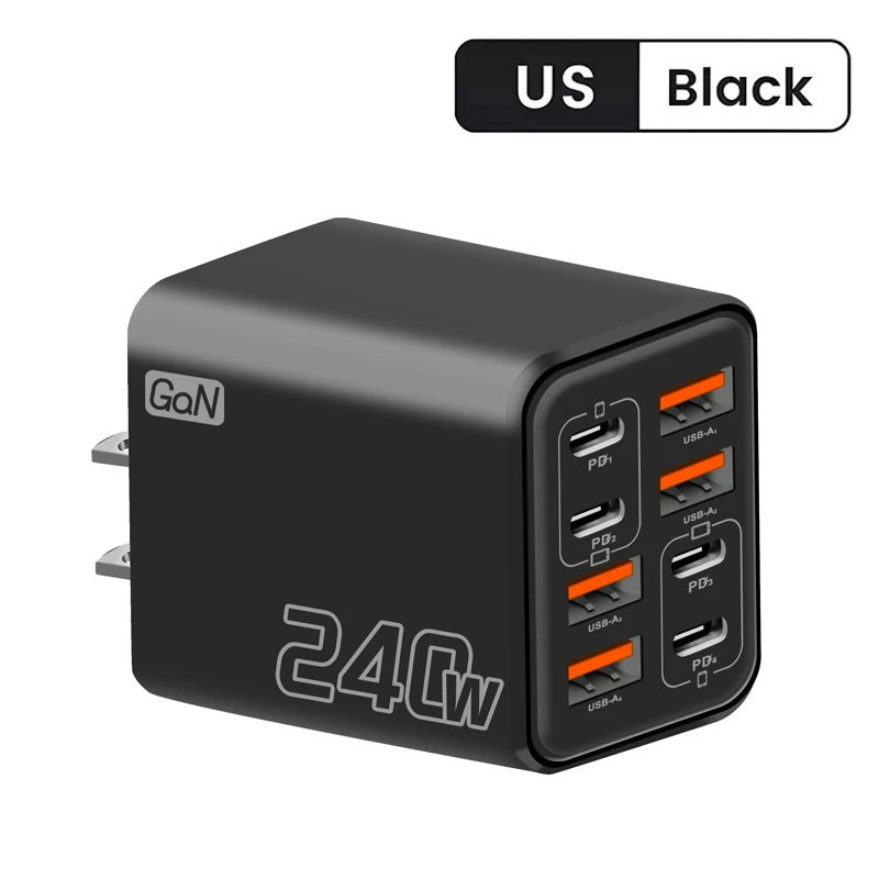 8 in 1 GaN USB C Desktop Charger 240W Fast Charge Phone Adapter Type C Cable For iPhone Samsung Xiaomi EU/US/UK Plug Charger
