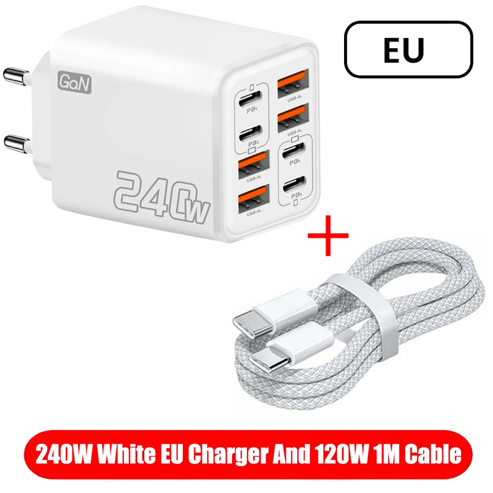 8 in 1 GaN USB C Desktop Charger 240W Fast Charge Phone Adapter Type C Cable For iPhone Samsung Xiaomi EU/US/UK Plug Charger