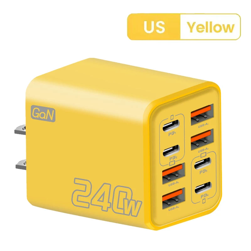 8 in 1 GaN USB C Desktop Charger 240W Fast Charge Phone Adapter Type C Cable For iPhone Samsung Xiaomi EU/US/UK Plug Charger