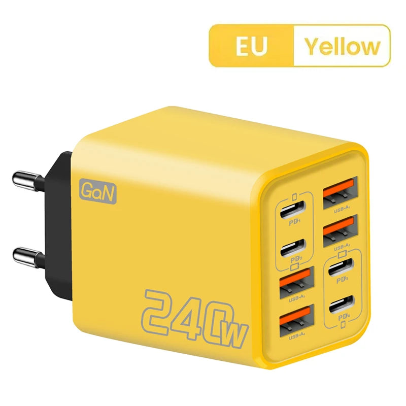 8 in 1 GaN USB C Desktop Charger 240W Fast Charge Phone Adapter Type C Cable For iPhone Samsung Xiaomi EU/US/UK Plug Charger