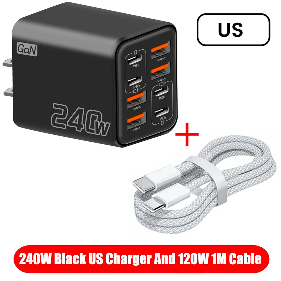 8 in 1 GaN USB C Desktop Charger 240W Fast Charge Phone Adapter Type C Cable For iPhone Samsung Xiaomi EU/US/UK Plug Charger