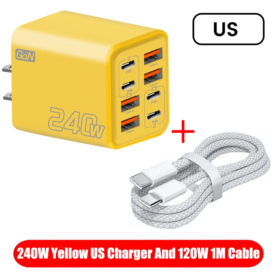 8 in 1 GaN USB C Desktop Charger 240W Fast Charge Phone Adapter Type C Cable For iPhone Samsung Xiaomi EU/US/UK Plug Charger