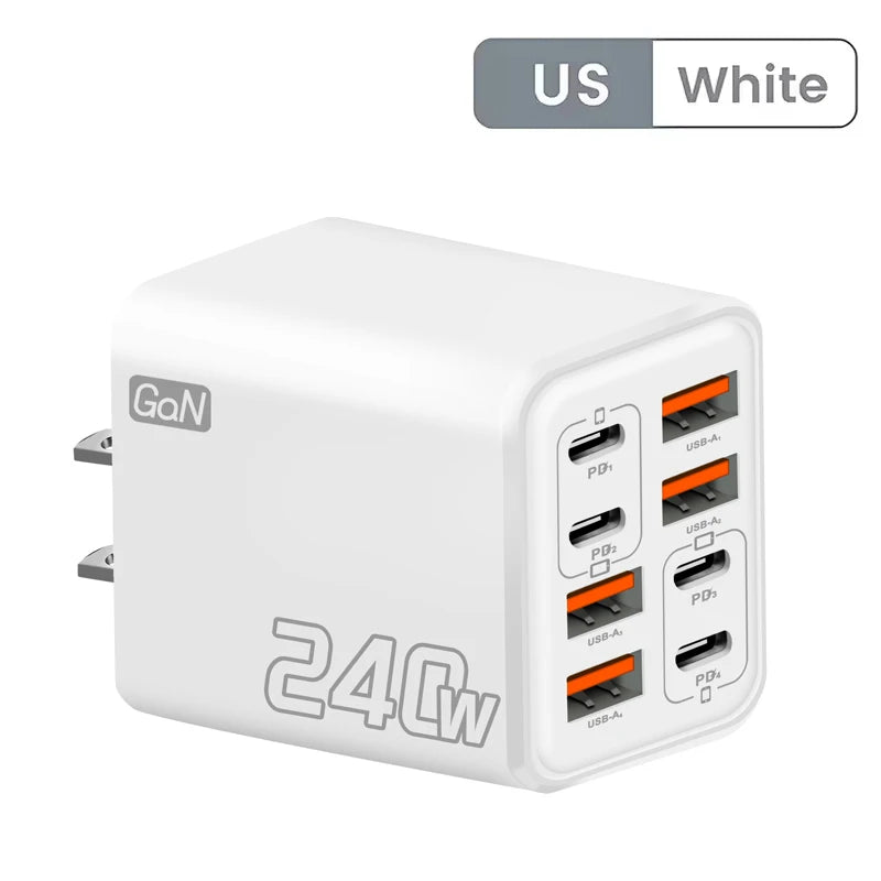 8 in 1 GaN USB C Desktop Charger 240W Fast Charge Phone Adapter Type C Cable For iPhone Samsung Xiaomi EU/US/UK Plug Charger
