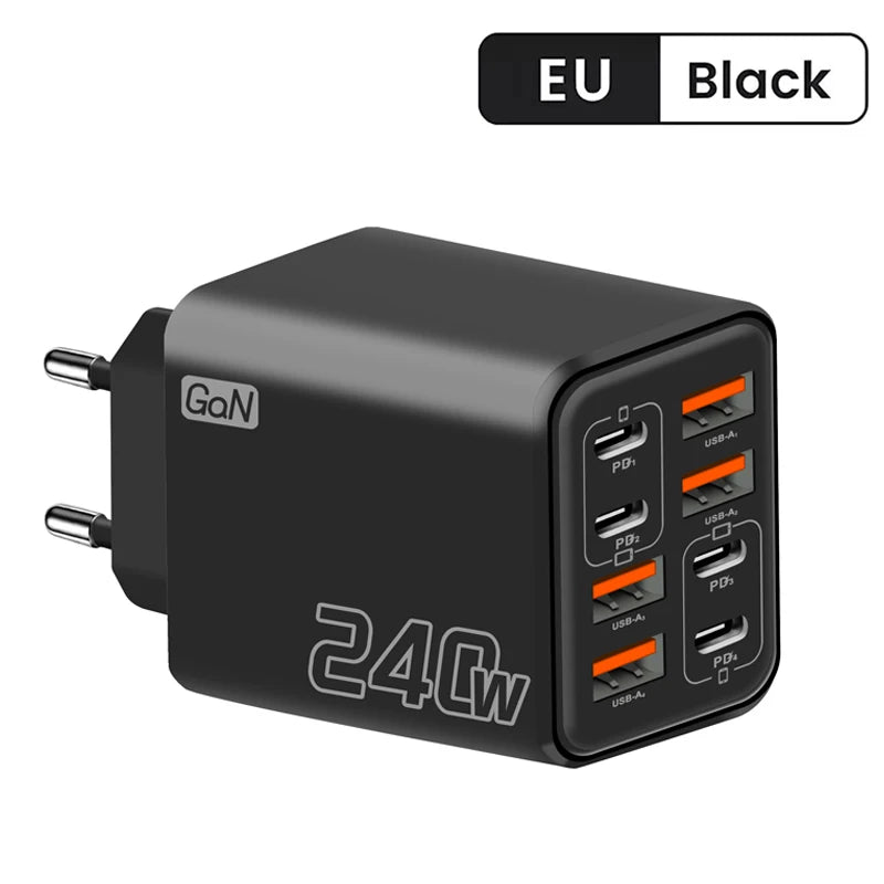 8 in 1 GaN USB C Desktop Charger 240W Fast Charge Phone Adapter Type C Cable For iPhone Samsung Xiaomi EU/US/UK Plug Charger