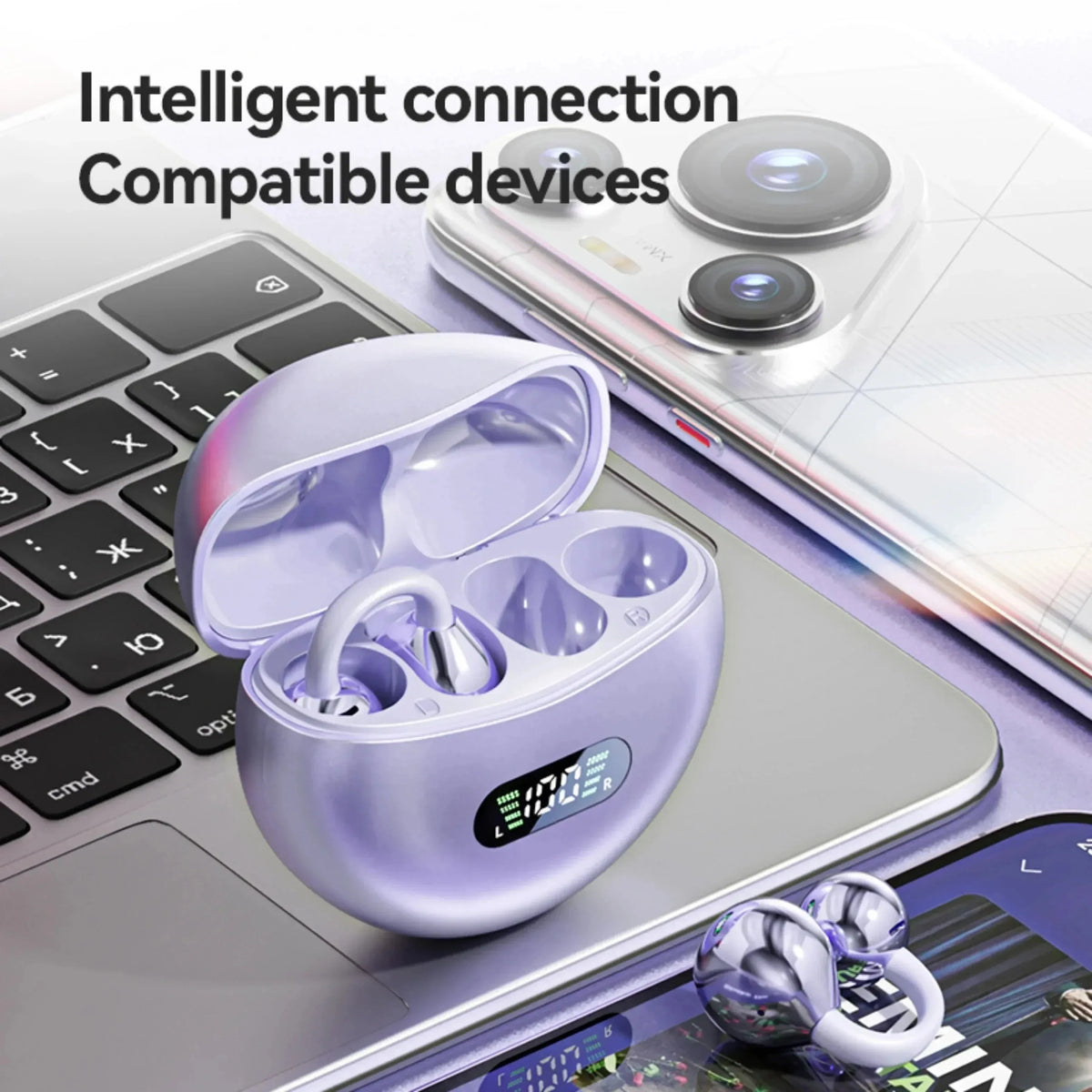 Digital Display Ear Clip Headphones Wireless Bone Conduction Bluetooth 5.4 Earbuds Comfortable Waterproof Sport Headsets