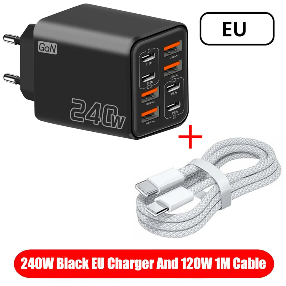 8 in 1 GaN USB C Desktop Charger 240W Fast Charge Phone Adapter Type C Cable For iPhone Samsung Xiaomi EU/US/UK Plug Charger