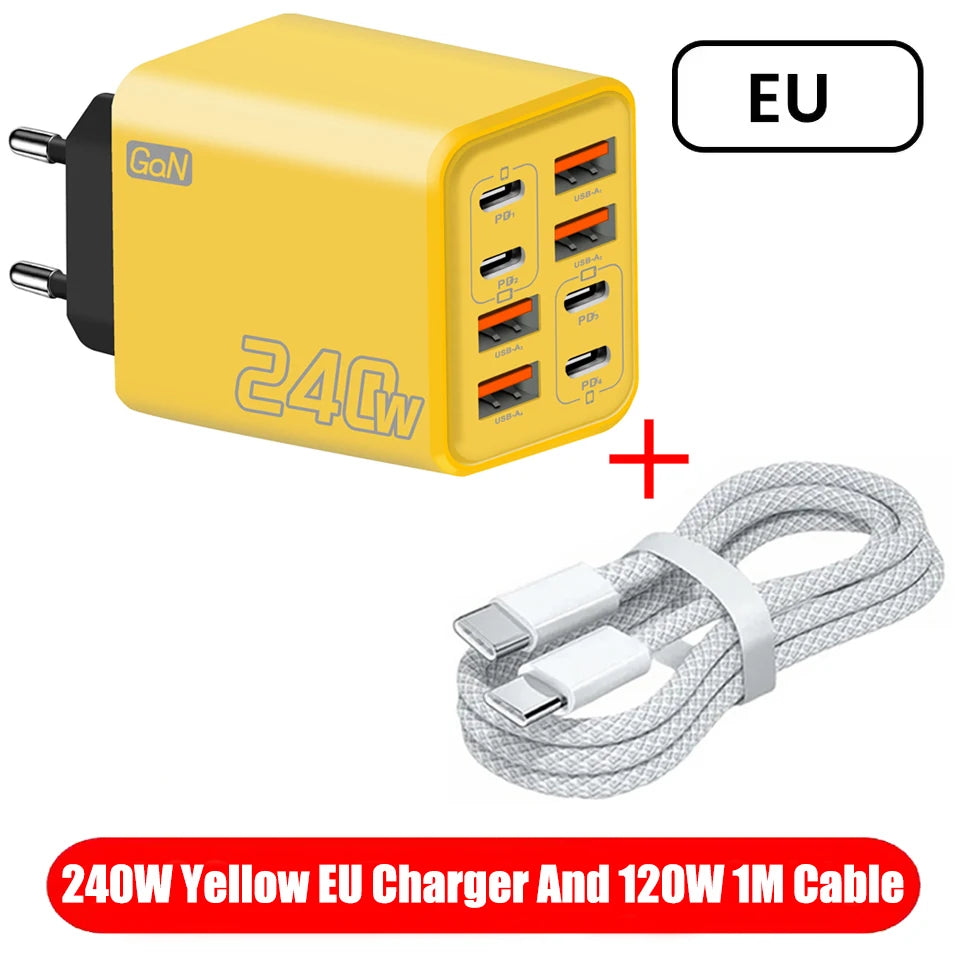 8 in 1 GaN USB C Desktop Charger 240W Fast Charge Phone Adapter Type C Cable For iPhone Samsung Xiaomi EU/US/UK Plug Charger