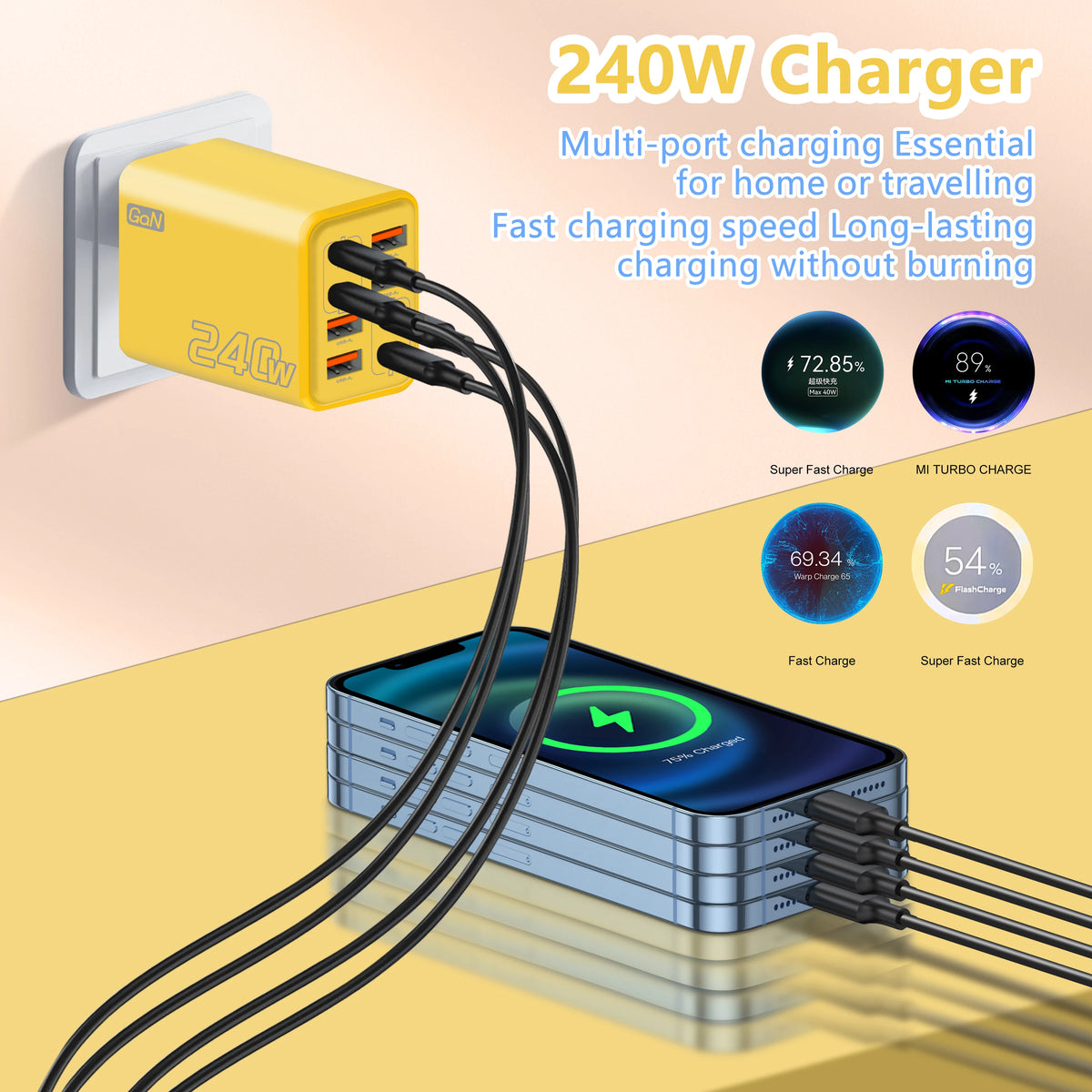 8 in 1 GaN USB C Desktop Charger 240W Fast Charge Phone Adapter Type C Cable For iPhone Samsung Xiaomi EU/US/UK Plug Charger