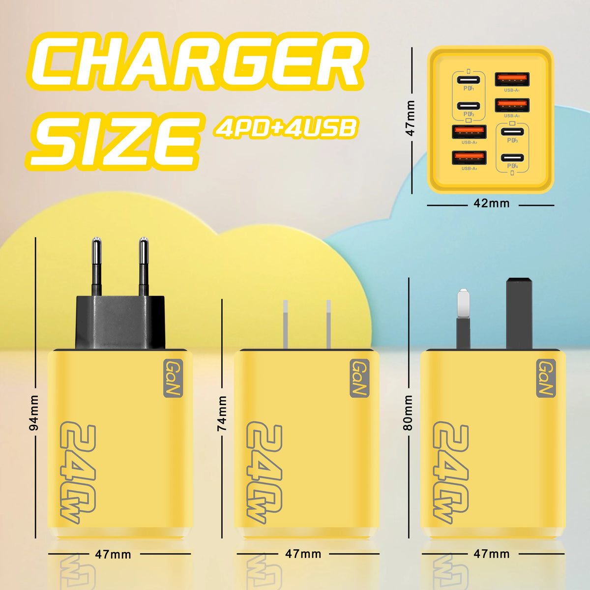 8 in 1 GaN USB C Desktop Charger 240W Fast Charge Phone Adapter Type C Cable For iPhone Samsung Xiaomi EU/US/UK Plug Charger